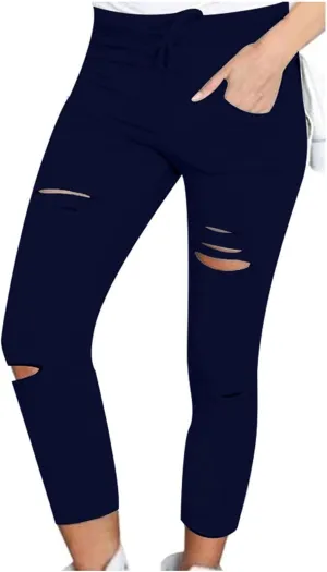 Women's Ripped Pencil Pants High Waist Lace-up Skinny Stretchy Leggings Workout Casual Yoga Trousers with Pockets