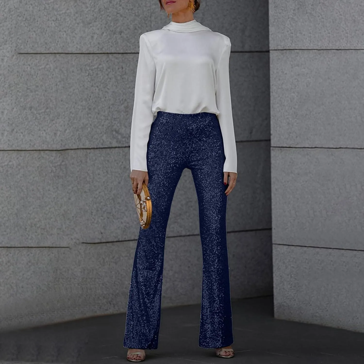 Women's Sequin Flared Trousers High Waisted Sparkly Wide Leg Trousers Party Clubwear Shiny Bell Bottom Pants 2025