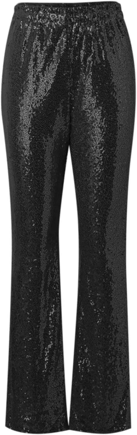 Women's Sequin Flared Trousers High Waisted Sparkly Wide Leg Trousers Party Clubwear Shiny Bell Bottom Pants 2025