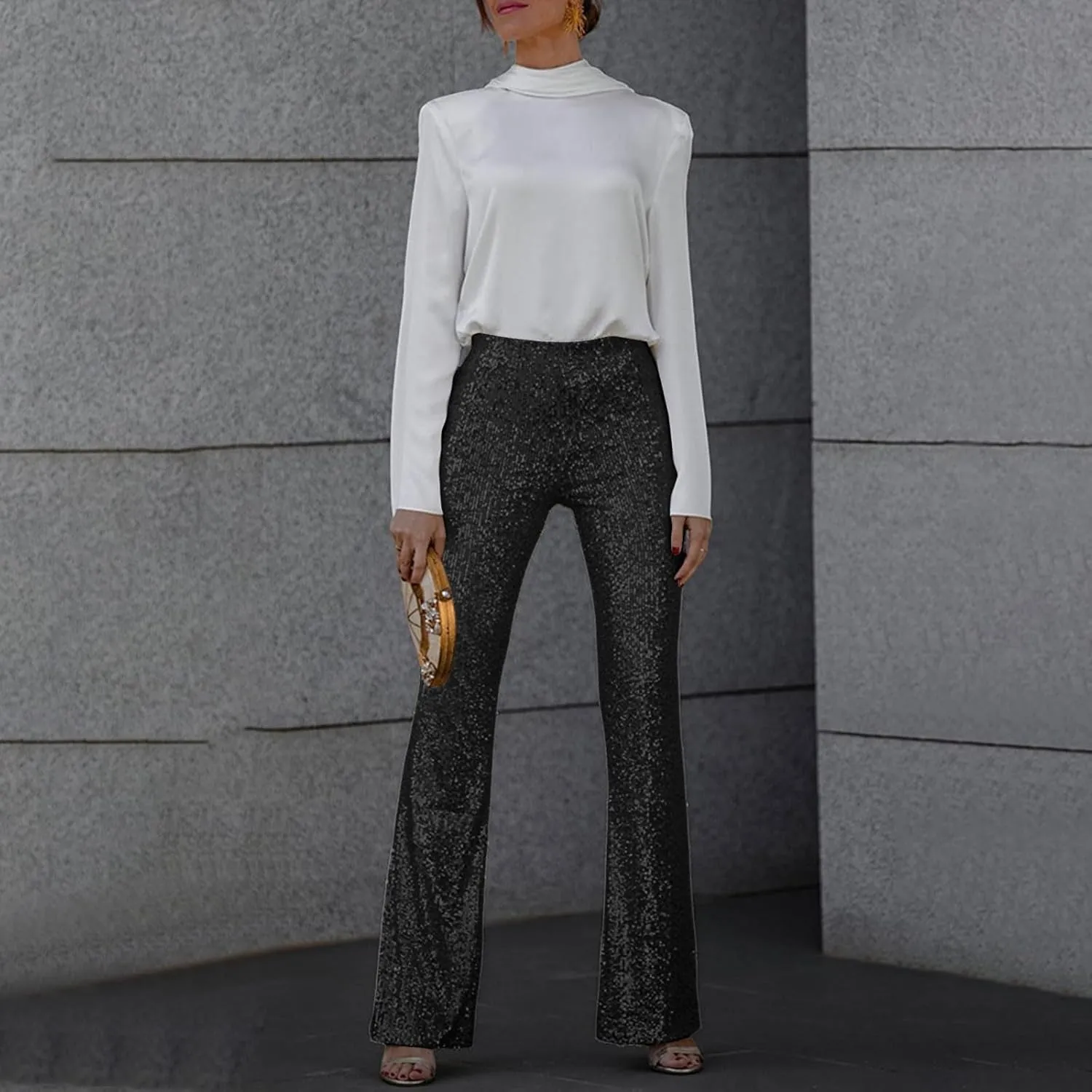 Women's Sequin Flared Trousers High Waisted Sparkly Wide Leg Trousers Party Clubwear Shiny Bell Bottom Pants 2025