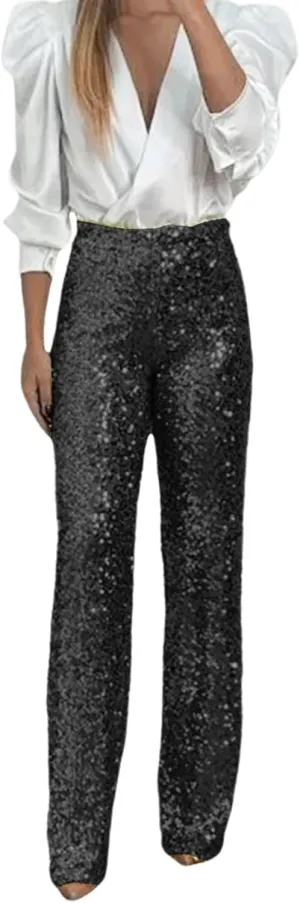 Women's Sequin Flared Trousers High Waisted Sparkly Wide Leg Trousers Party Clubwear Shiny Bell Bottom Pants 2025
