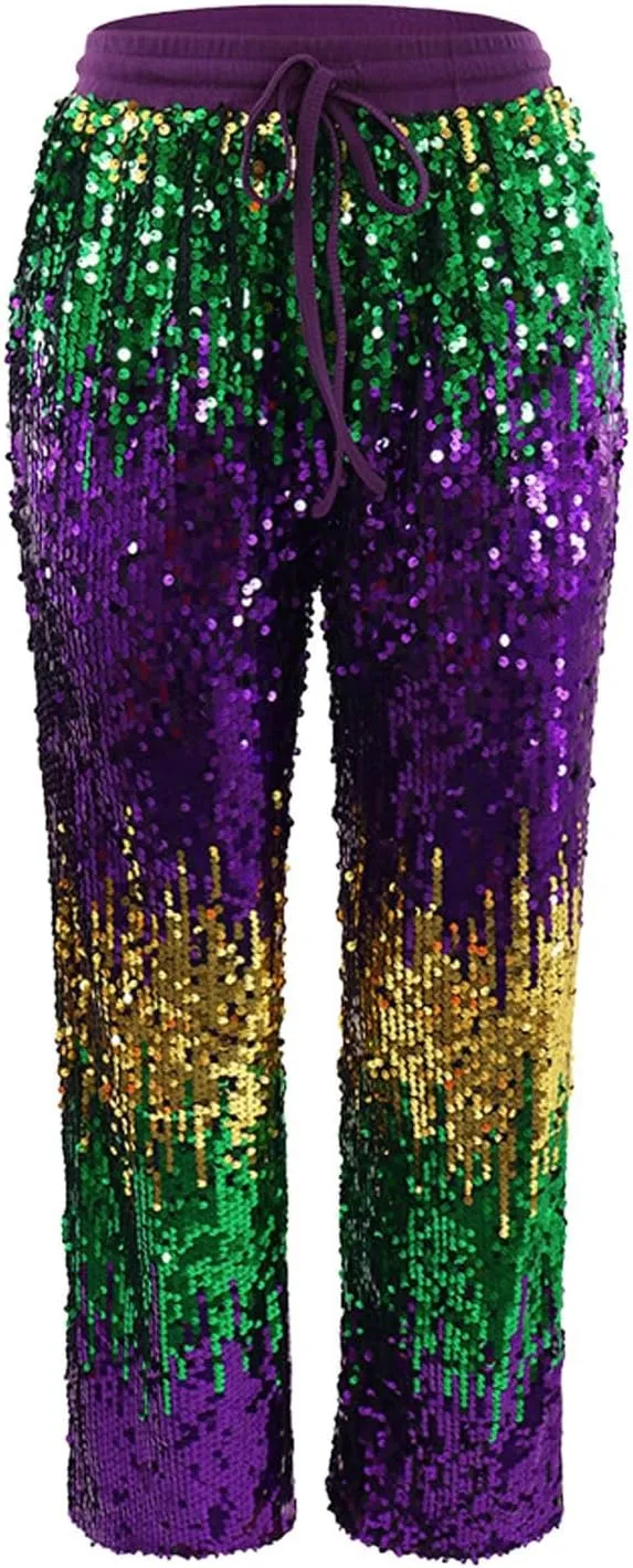 Women's Sequin Flared Trousers High Waisted Sparkly Wide Leg Trousers Party Clubwear Shiny Bell Bottom Pants 2025