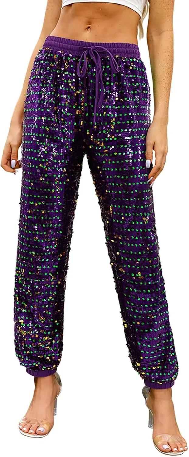 Women's Sequin Flared Trousers High Waisted Sparkly Wide Leg Trousers Party Clubwear Shiny Bell Bottom Pants 2025