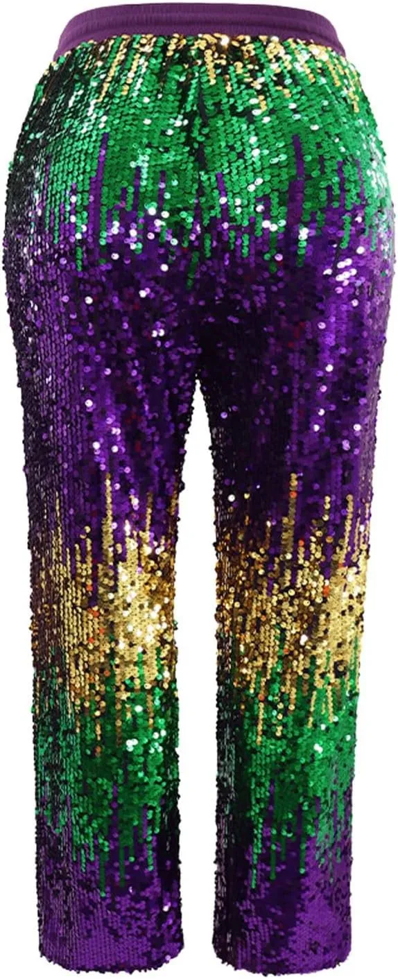Women's Sequin Flared Trousers High Waisted Sparkly Wide Leg Trousers Party Clubwear Shiny Bell Bottom Pants 2025