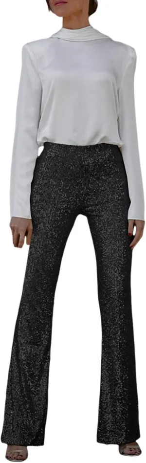 Women's Sequin Flared Trousers High Waisted Sparkly Wide Leg Trousers Party Clubwear Shiny Bell Bottom Pants 2025