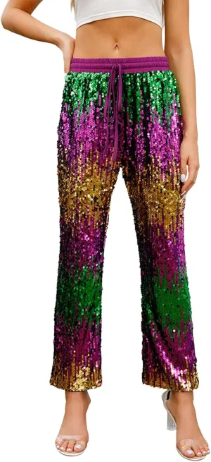 Women's Sequin Flared Trousers High Waisted Sparkly Wide Leg Trousers Party Clubwear Shiny Bell Bottom Pants 2025