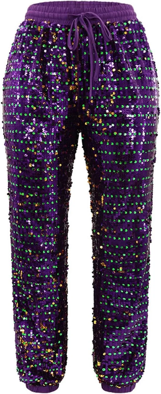 Women's Sequin Flared Trousers High Waisted Sparkly Wide Leg Trousers Party Clubwear Shiny Bell Bottom Pants 2025