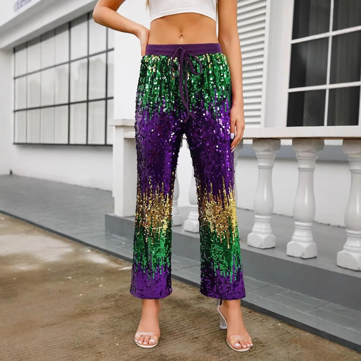 Women's Sequin Flared Trousers High Waisted Sparkly Wide Leg Trousers Party Clubwear Shiny Bell Bottom Pants 2025