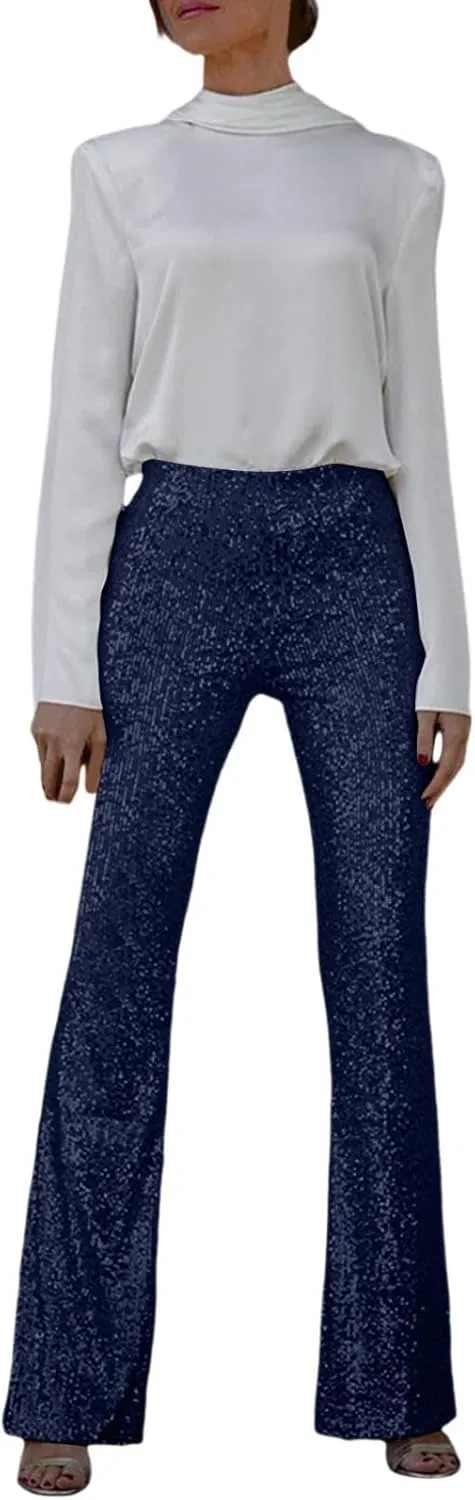 Women's Sequin Flared Trousers High Waisted Sparkly Wide Leg Trousers Party Clubwear Shiny Bell Bottom Pants 2025