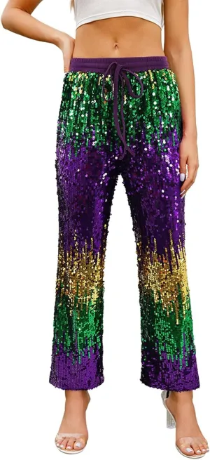 Women's Sequin Flared Trousers High Waisted Sparkly Wide Leg Trousers Party Clubwear Shiny Bell Bottom Pants 2025