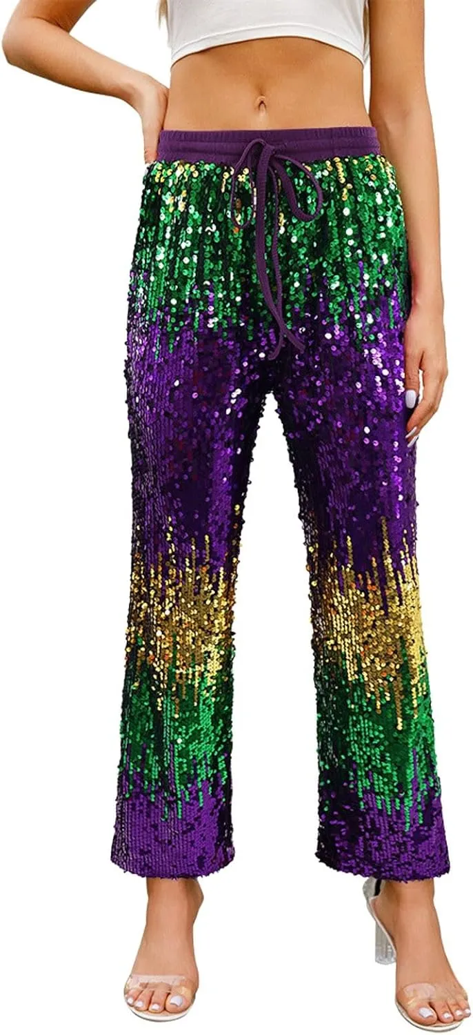 Women's Sequin Flared Trousers High Waisted Sparkly Wide Leg Trousers Party Clubwear Shiny Bell Bottom Pants 2025