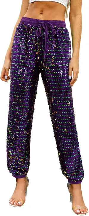 Women's Sequin Flared Trousers High Waisted Sparkly Wide Leg Trousers Party Clubwear Shiny Bell Bottom Pants 2025