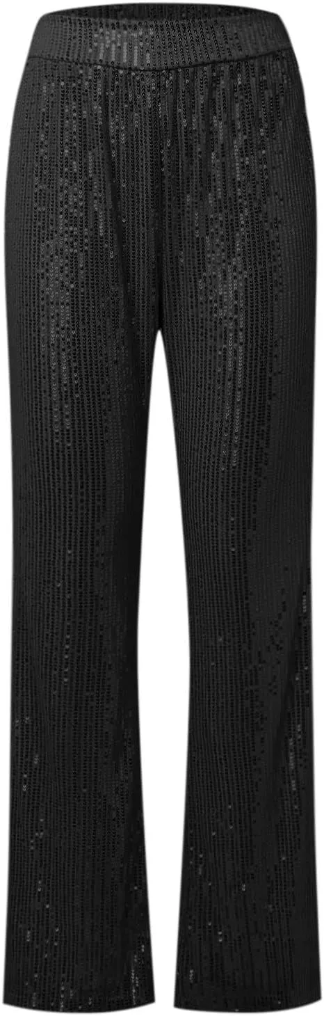 Women's Sequin Flared Trousers High Waisted Sparkly Wide Leg Trousers Party Clubwear Shiny Bell Bottom Pants 2025