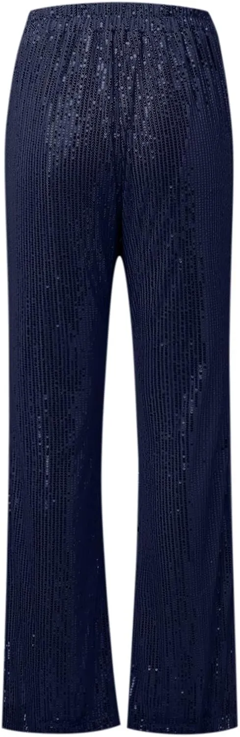 Women's Sequin Flared Trousers High Waisted Sparkly Wide Leg Trousers Party Clubwear Shiny Bell Bottom Pants 2025
