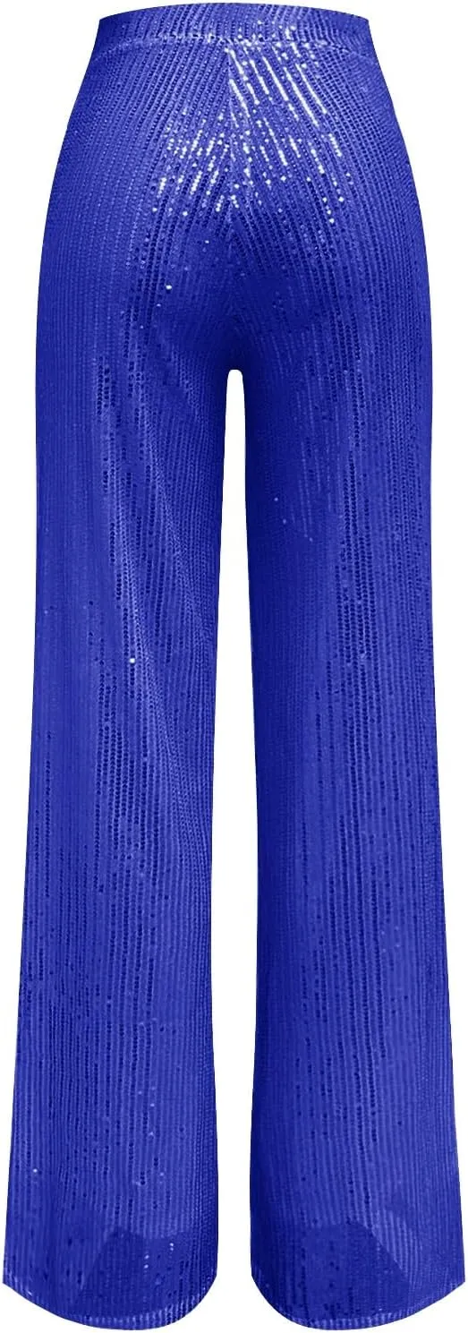 Womens Sequin Pants High Waist Wide Leg Sparkle Glitter Trousers Bell Bottom Night Out Clubwear Shiny Pants