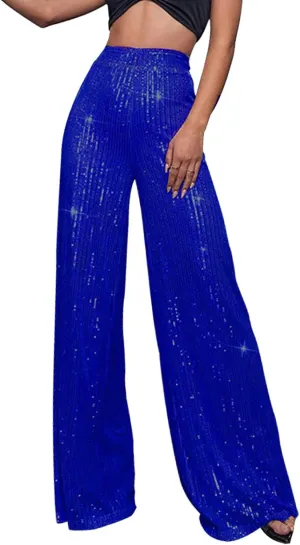 Womens Sequin Pants High Waist Wide Leg Sparkle Glitter Trousers Bell Bottom Night Out Clubwear Shiny Pants