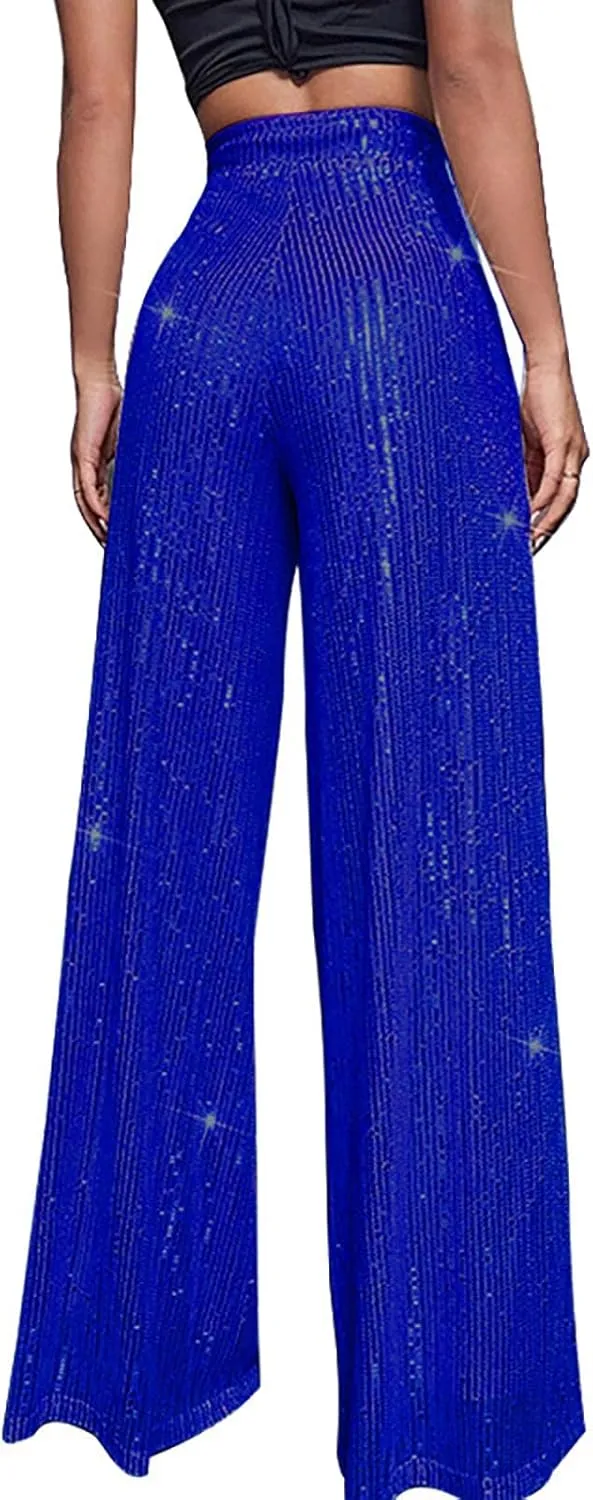 Womens Sequin Pants High Waist Wide Leg Sparkle Glitter Trousers Bell Bottom Night Out Clubwear Shiny Pants