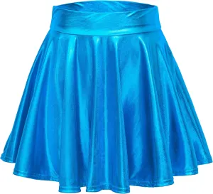 Women's Shiny Metallic Wet Look Stretchy Flared Mini Skater Skirt