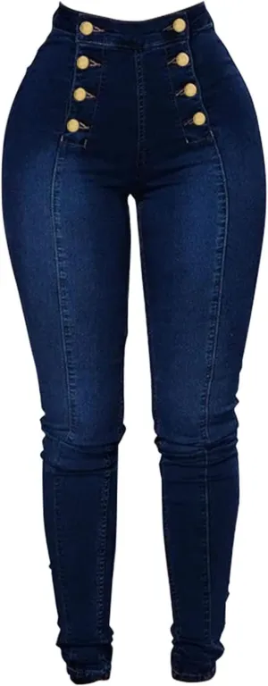 Womens Skinny Colombian Jeans Butt Lift High Waist Double Breasted Sailor Work Jeans Tummy Control Bodycon Jean Leggings