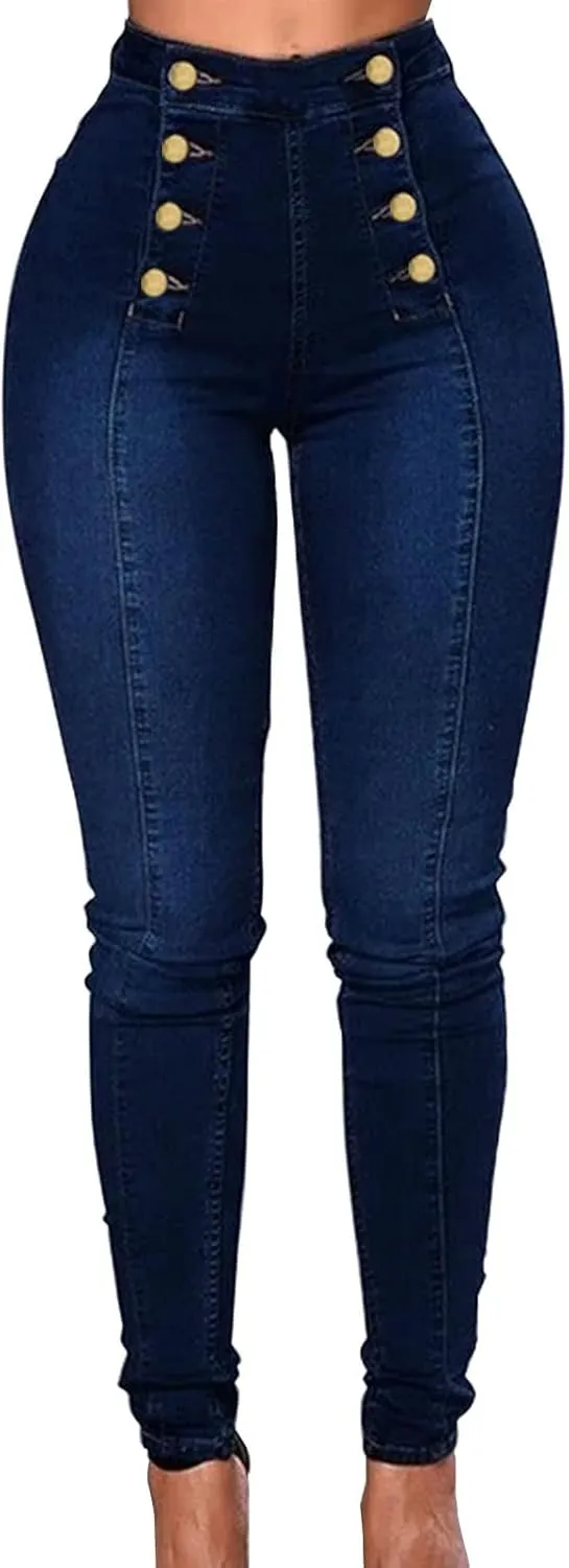 Womens Skinny Colombian Jeans Butt Lift High Waist Double Breasted Sailor Work Jeans Tummy Control Bodycon Jean Leggings