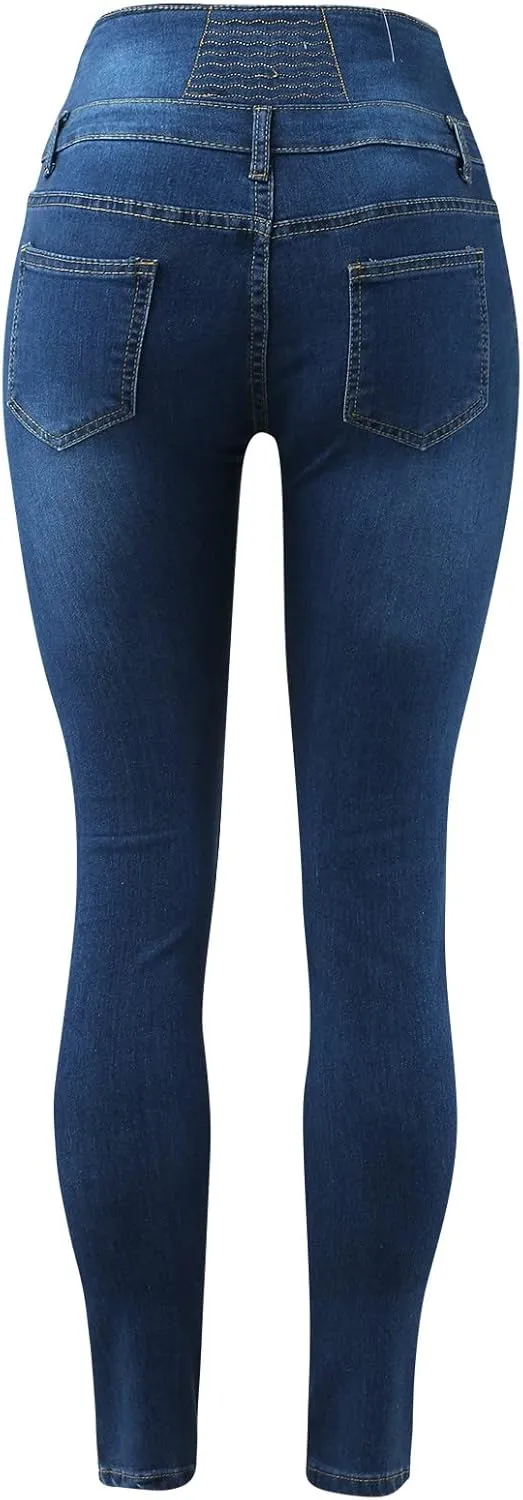 Womens Skinny Colombian Jeans Butt Lift High Waist Double Breasted Sailor Work Jeans Tummy Control Bodycon Jean Leggings