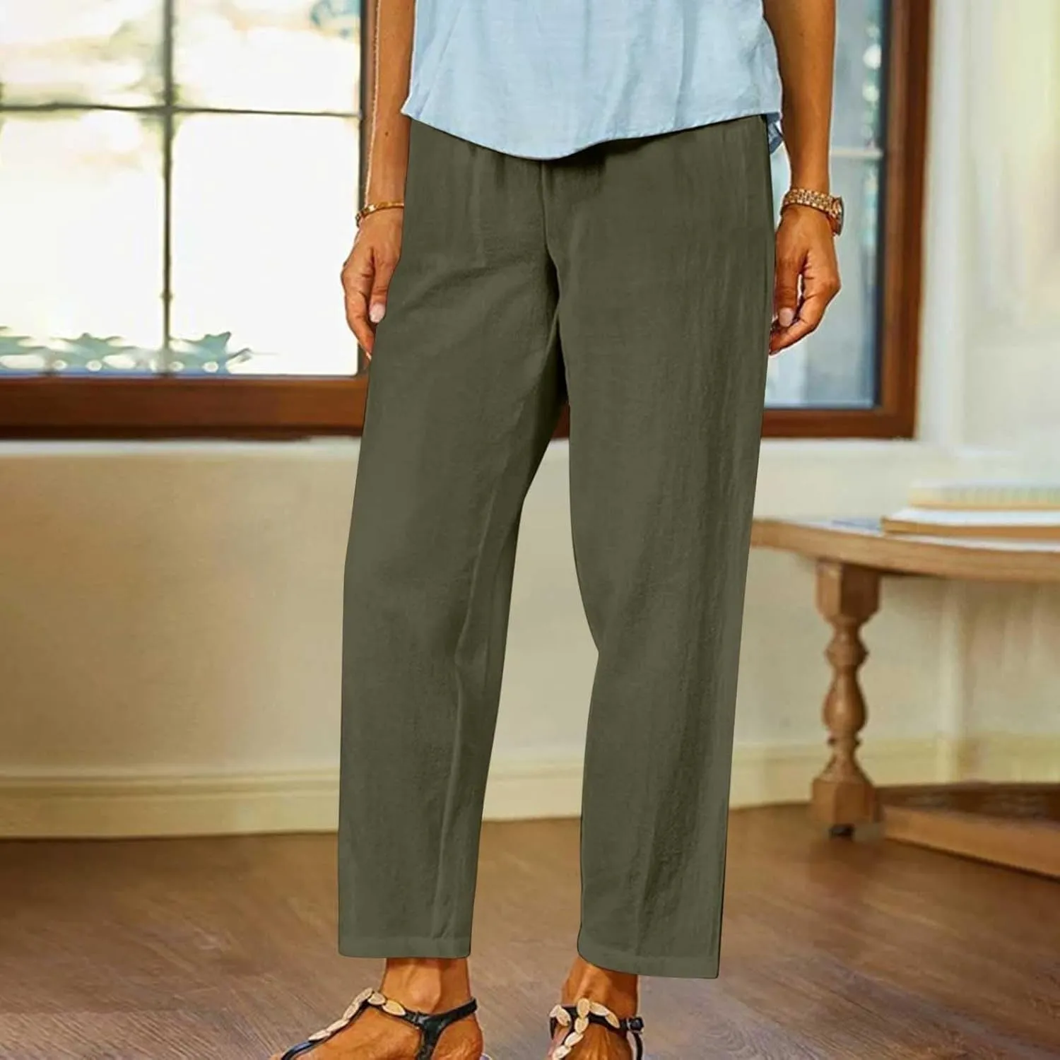Women's Solid Cotton Linen Straight Pants Casual Loose Elastic Waist Wide Leg Trousers Summer Lounge Palazzo Beach Pants