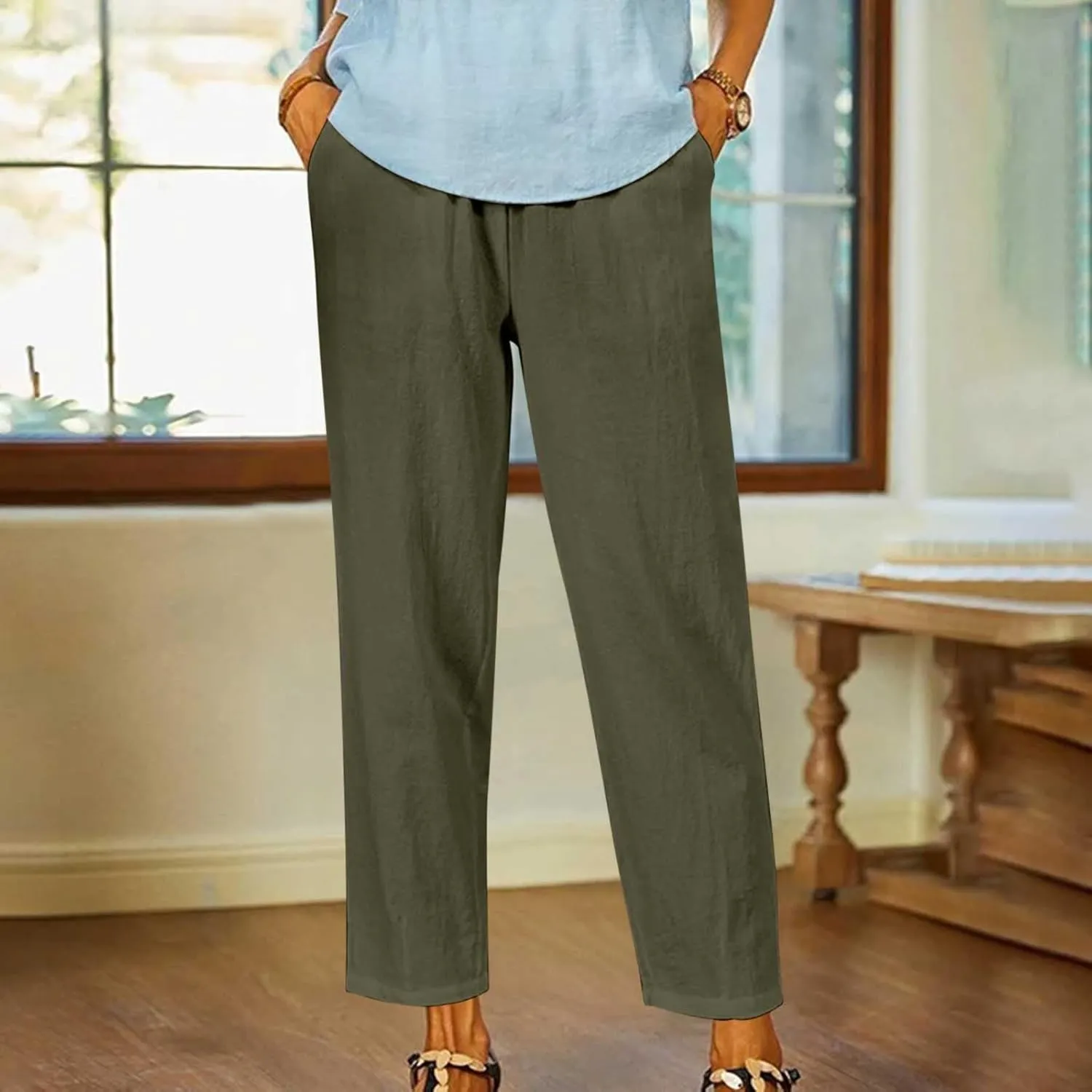 Women's Solid Cotton Linen Straight Pants Casual Loose Elastic Waist Wide Leg Trousers Summer Lounge Palazzo Beach Pants