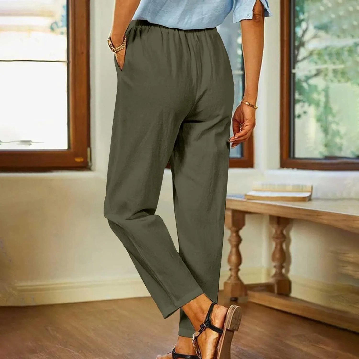 Women's Solid Cotton Linen Straight Pants Casual Loose Elastic Waist Wide Leg Trousers Summer Lounge Palazzo Beach Pants