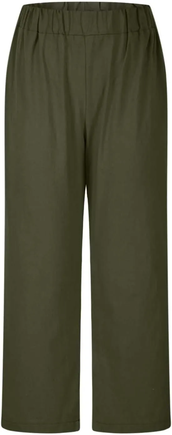 Women's Solid Cotton Linen Straight Pants Casual Loose Elastic Waist Wide Leg Trousers Summer Lounge Palazzo Beach Pants
