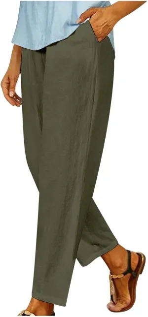 Women's Solid Cotton Linen Straight Pants Casual Loose Elastic Waist Wide Leg Trousers Summer Lounge Palazzo Beach Pants