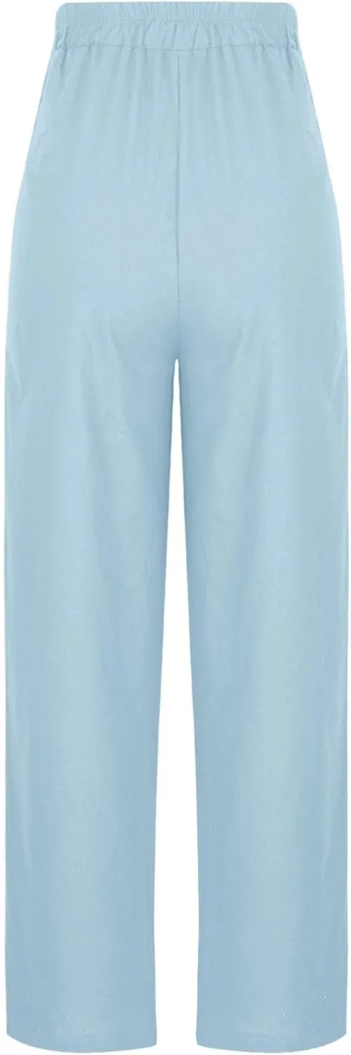 Women's Solid Cotton Linen Straight Pants Drawstring High Waisted Trousers Palazzo Trouser for Summer Office School Travel
