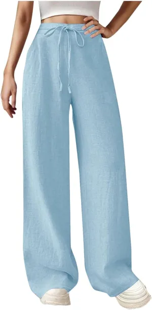 Women's Solid Cotton Linen Straight Pants Drawstring High Waisted Trousers Palazzo Trouser for Summer Office School Travel
