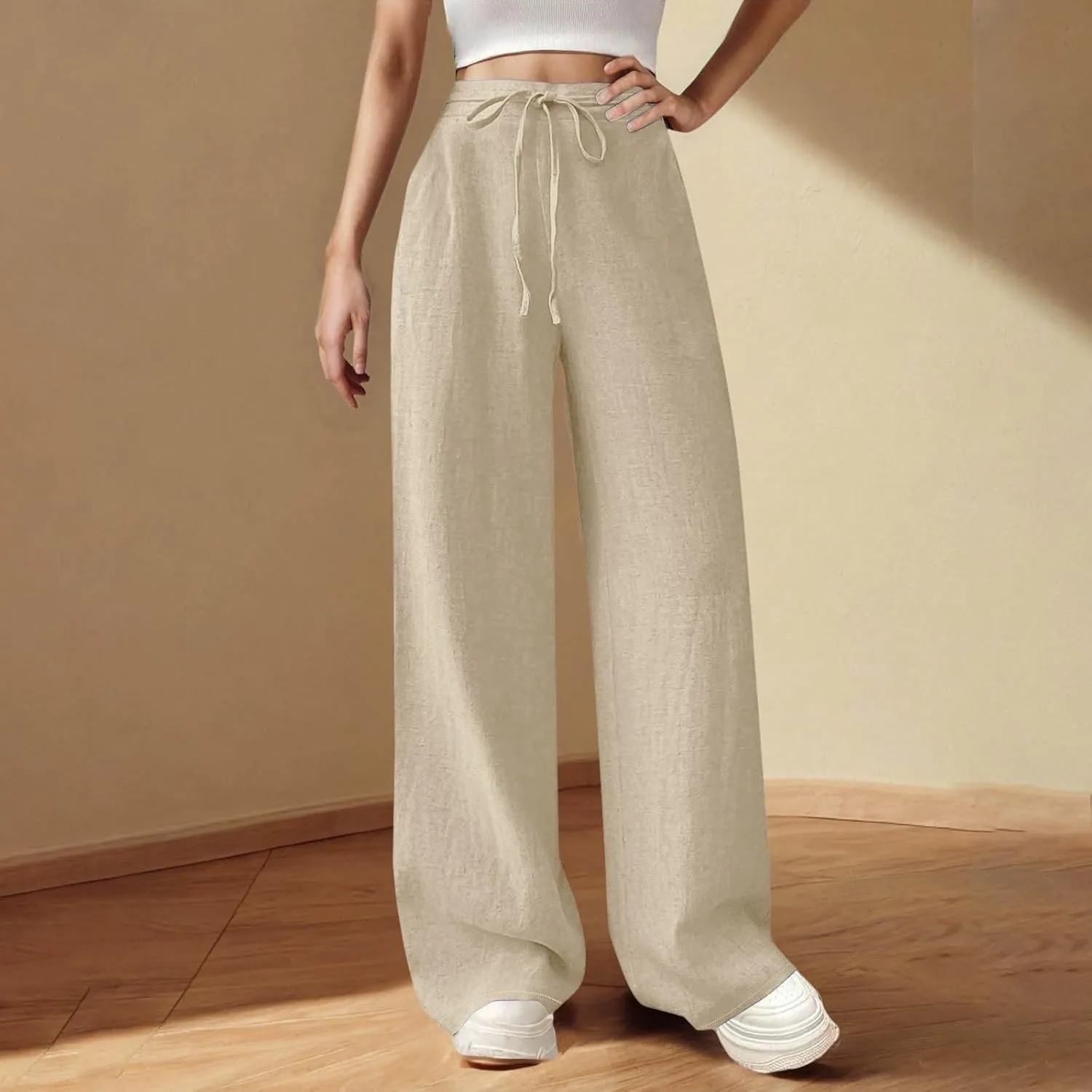 Women's Solid Cotton Linen Straight Pants Drawstring High Waisted Trousers Palazzo Trouser for Summer Office School Travel