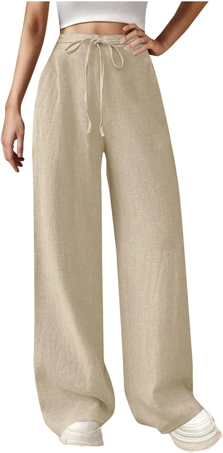 Women's Solid Cotton Linen Straight Pants Drawstring High Waisted Trousers Palazzo Trouser for Summer Office School Travel