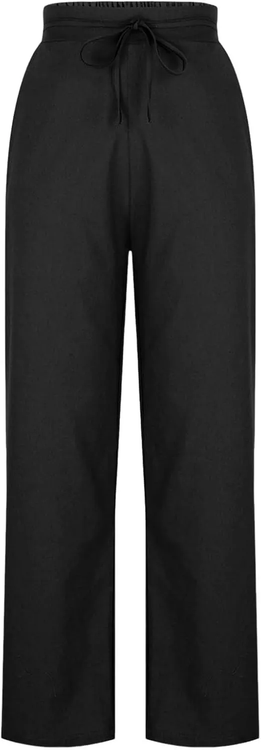 Women's Solid Cotton Linen Straight Pants Drawstring High Waisted Trousers Palazzo Trouser for Summer Office School Travel