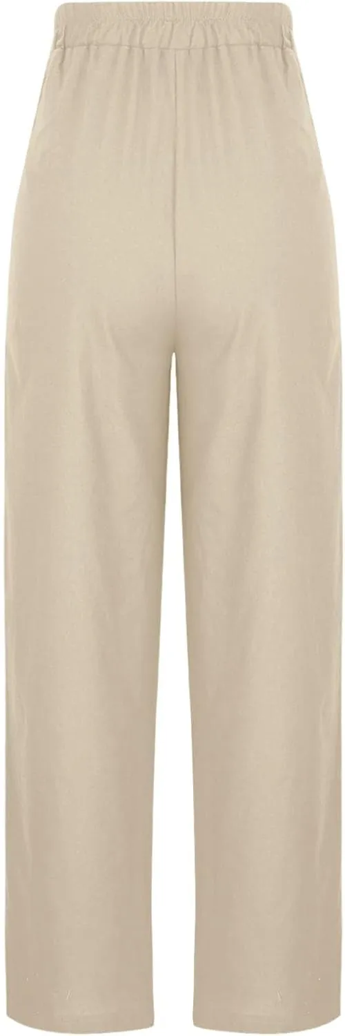 Women's Solid Cotton Linen Straight Pants Drawstring High Waisted Trousers Palazzo Trouser for Summer Office School Travel
