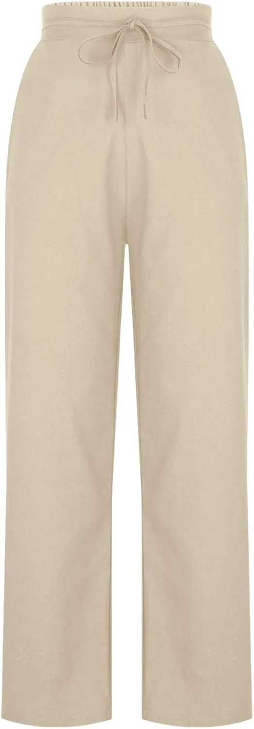 Women's Solid Cotton Linen Straight Pants Drawstring High Waisted Trousers Palazzo Trouser for Summer Office School Travel