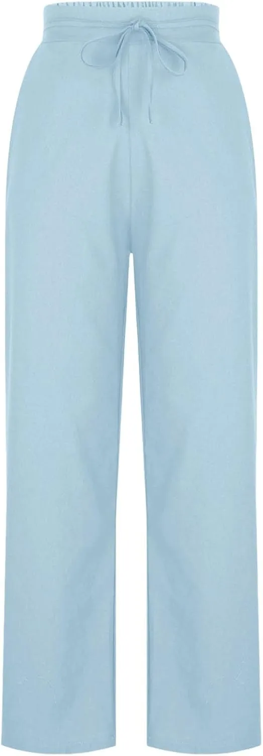 Women's Solid Cotton Linen Straight Pants Drawstring High Waisted Trousers Palazzo Trouser for Summer Office School Travel