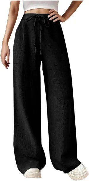 Women's Solid Cotton Linen Straight Pants Drawstring High Waisted Trousers Palazzo Trouser for Summer Office School Travel