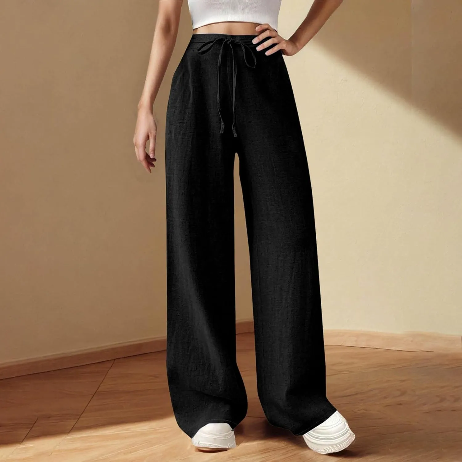 Women's Solid Cotton Linen Straight Pants Drawstring High Waisted Trousers Palazzo Trouser for Summer Office School Travel