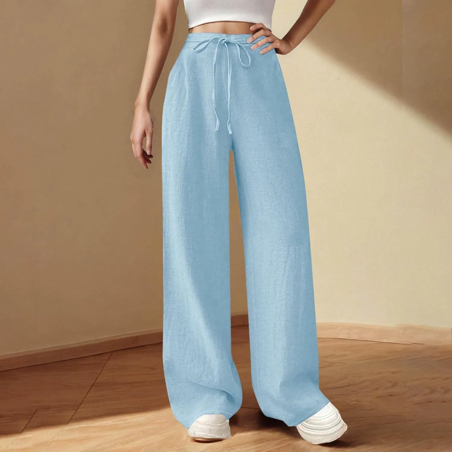 Women's Solid Cotton Linen Straight Pants Drawstring High Waisted Trousers Palazzo Trouser for Summer Office School Travel