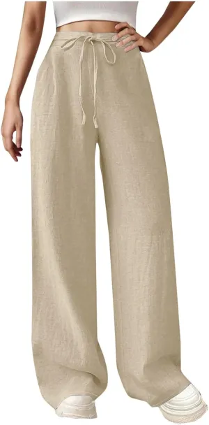 Women's Solid Cotton Linen Straight Pants Drawstring High Waisted Trousers Palazzo Trouser for Summer Office School Travel