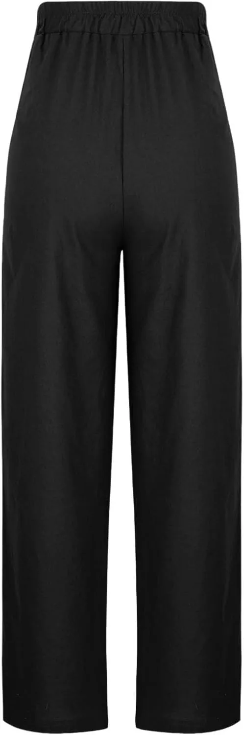 Women's Solid Cotton Linen Straight Pants Drawstring High Waisted Trousers Palazzo Trouser for Summer Office School Travel
