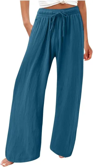 Womens Solid Cotton Linen Straight Pants Drawstring Summer High-Waist Pant Loose Flowy Trousers for Vacation Beach Travel
