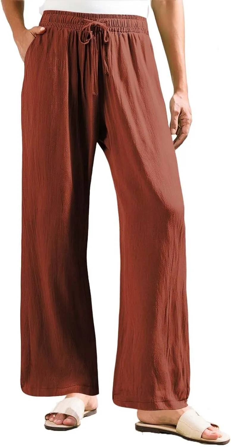 Womens Solid Cotton Linen Straight Pants Drawstring Summer High-Waist Pant Loose Flowy Trousers for Vacation Beach Travel