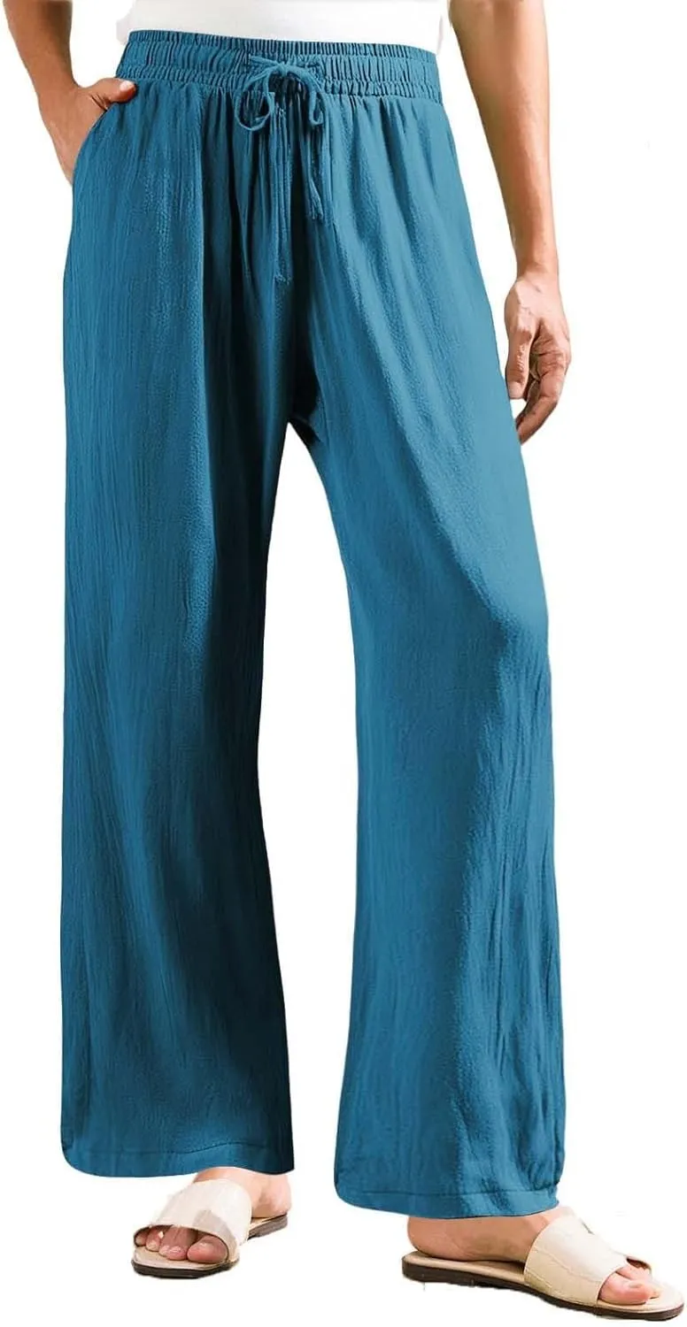 Womens Solid Cotton Linen Straight Pants Drawstring Summer High-Waist Pant Loose Flowy Trousers for Vacation Beach Travel