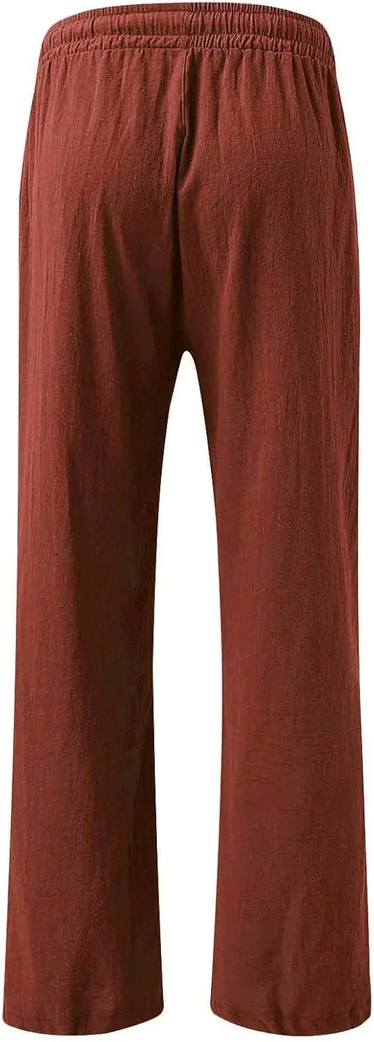 Womens Solid Cotton Linen Straight Pants Drawstring Summer High-Waist Pant Loose Flowy Trousers for Vacation Beach Travel