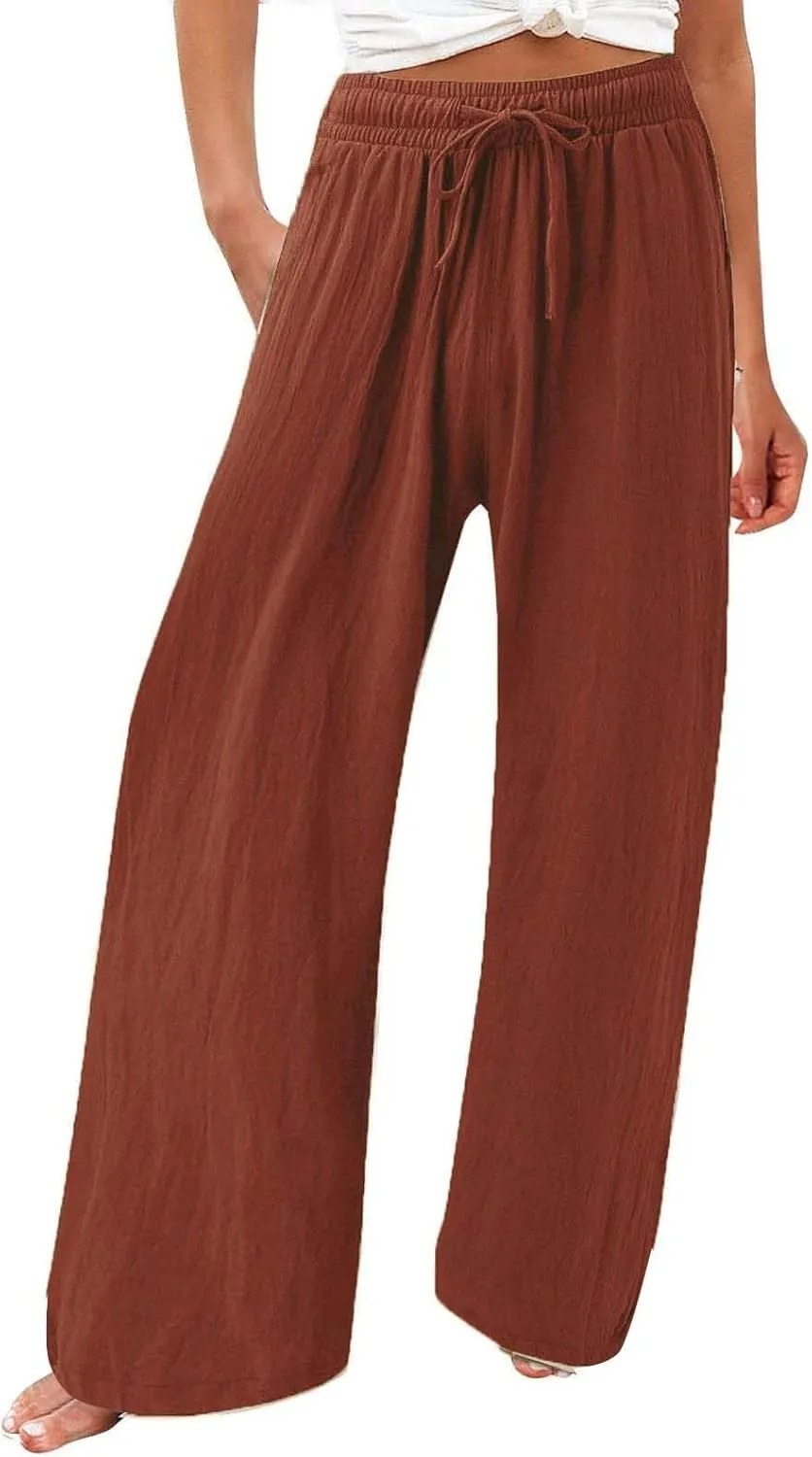 Womens Solid Cotton Linen Straight Pants Drawstring Summer High-Waist Pant Loose Flowy Trousers for Vacation Beach Travel