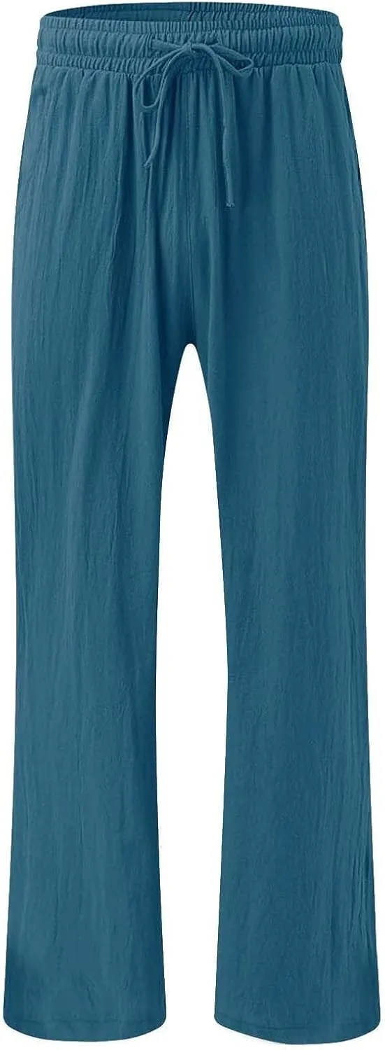 Womens Solid Cotton Linen Straight Pants Drawstring Summer High-Waist Pant Loose Flowy Trousers for Vacation Beach Travel