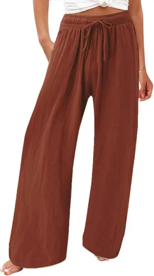 Womens Solid Cotton Linen Straight Pants Drawstring Summer High-Waist Pant Loose Flowy Trousers for Vacation Beach Travel